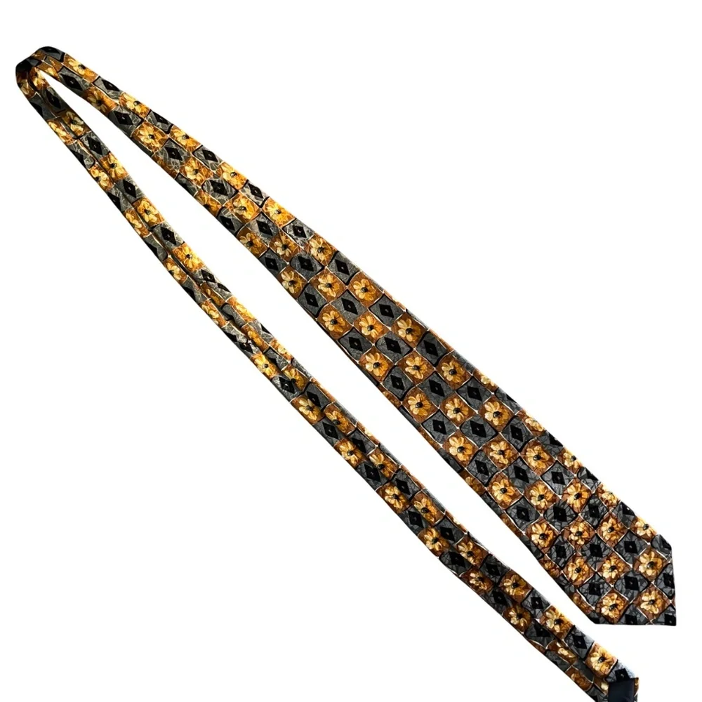 Lanvin Floral Checker Patterned Printed Copper Brown Grey 100% Silk Tie